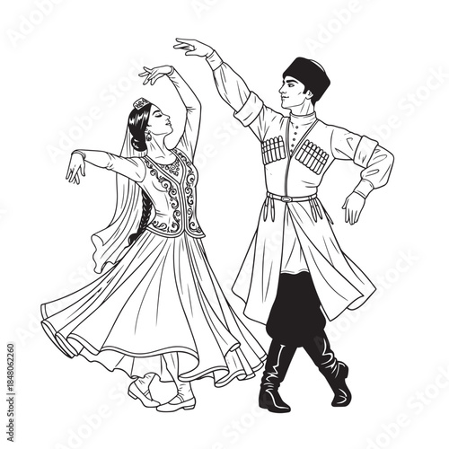 Traditional folk dance performance by a couple in ceremonial costumes.