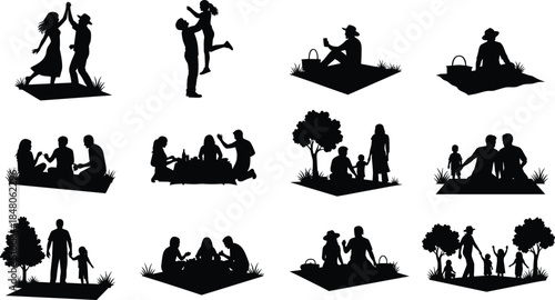 Family picnic and outdoor lifestyle silhouette collection showing couples, parents, and children bonding, relaxing, celebrating, and enjoying nature together