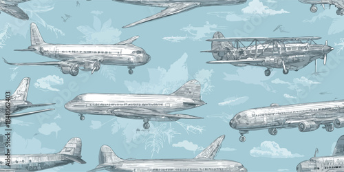 Classic aircraft with botanical line art seamless pattern on blue background for elegant aviation textiles, travel wallpapers, and branding