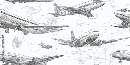 Detailed vintage aviation and world map sketch seamless pattern for sophisticated travel branding, office wallpapers, and luxury packaging