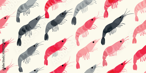 Watercolor pink and gray shrimp seamless pattern for fresh seafood branding, kitchen textiles, and coastal home decor wallpapers