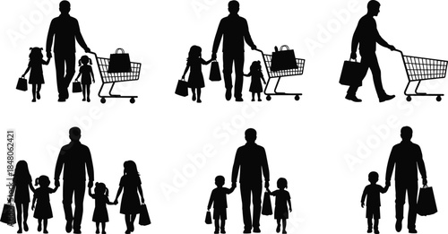 Family shopping silhouettes showing father and children walking with bags and carts, everyday retail lifestyle, parenting, and consumer activity scenes