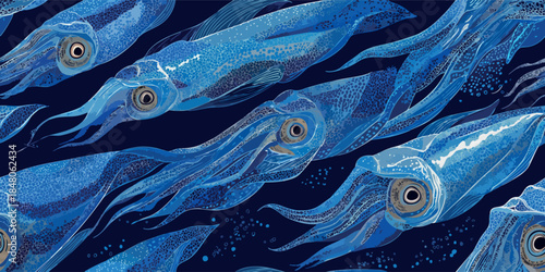 Glowing blue squid and deep sea cephalopod seamless pattern for luxury aquatic textiles, marine themed wallpapers, and modern branding projects
