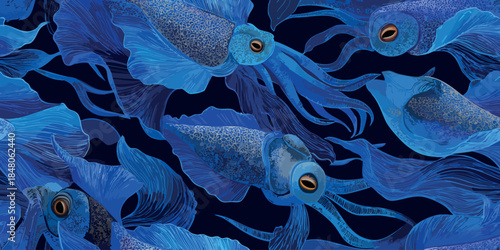 Glowing blue squid and deep sea cephalopod seamless pattern for luxury aquatic textiles, marine themed wallpapers, and modern branding projects