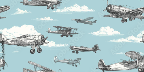 Classic aircraft with botanical line art seamless pattern on blue background for elegant aviation textiles, travel wallpapers, and branding