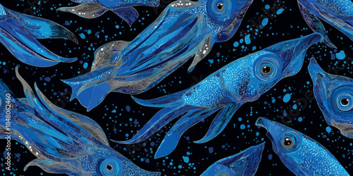 Glowing blue squid and deep sea cephalopod seamless pattern for luxury aquatic textiles, marine themed wallpapers, and modern branding projects