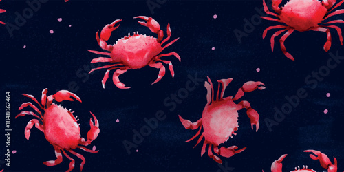 Red crab and ocean crustacean seamless pattern on dark blue for coastal kitchen textiles, seafood restaurant branding, and nautical wallpapers