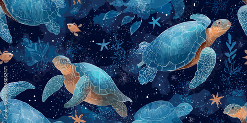Celestial sea turtle and starry ocean night seamless pattern for mystical textiles, dreamy wallpapers, and high-end stationery design
