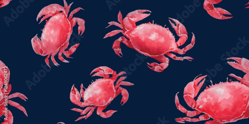 Red crab and ocean crustacean seamless pattern on dark blue for coastal kitchen textiles, seafood restaurant branding, and nautical wallpapers