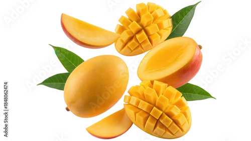 Fresh mango slices and whole mangoes with green leaves on Transparent  background