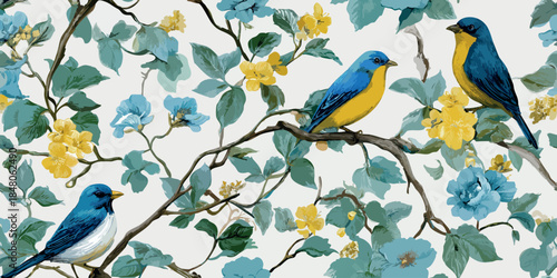 Vintage botanical blue bird and yellow flower seamless pattern for classic textiles, traditional wallpapers, and rustic home decor..