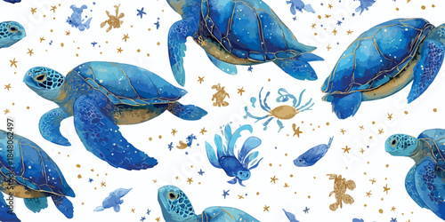 Blue watercolor sea turtle and golden star seamless pattern for children's textiles, nursery wallpapers, and luxury coastal branding