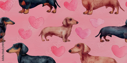 Watercolor dachshund dog and heart seamless pattern in black and tan for pet lovers' accessories, stationery, textiles, fabrics, and Valentines Day branding