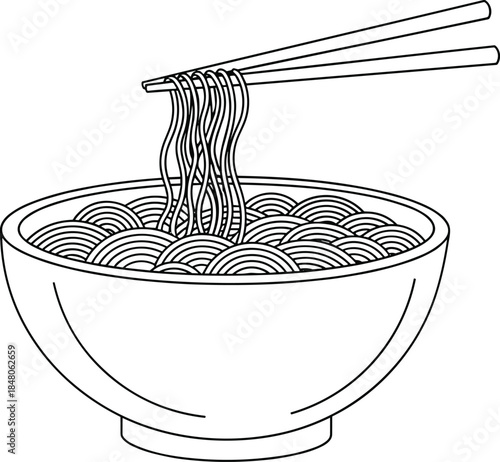 Hand Drawn Vector Illustration of Asian Noodle Bowl with Chopsticks in Black and White Outline Style