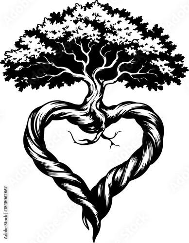 Old Tree & Roots in Heart Shape silhouette vector illustration