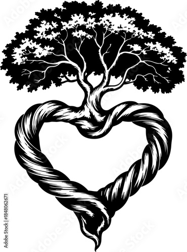 Old Tree & Roots in Heart Shape silhouette vector illustration