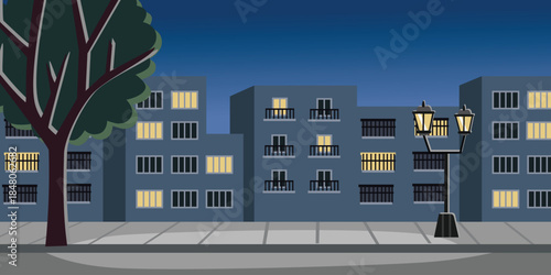 Night City Street with Apartment Buildings and Streetlight. Pedestrian street. City apartment. City house landscape.  