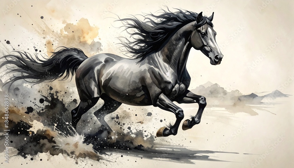 Naklejka premium Powerful black stallion galloping through water, creating a dynamic splash in a dramatic, moody artistic rendering