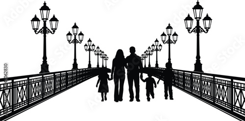 Family walking on bridge silhouette with street lamps, parents and children holding hands, urban lifestyle, togetherness, and evening city atmosphere