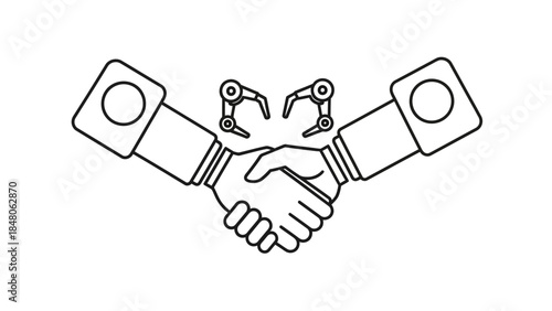 symbolic handshake between human and robotic arms illustrating technology collaboration and