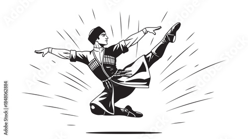 Dynamic illustrated figure skater in mid spin pose with graceful motion and dramatic lines.