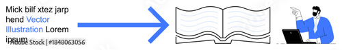 Education, knowledge transfer, online learning, study materials, instructional design, professional guidance. Open book with flowing lines and a figure pointing. Education and knowledge transfer