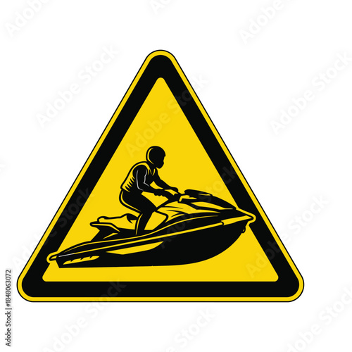Jet ski silhouette inside warning triangle in maritime safety sign style with bold readable vector design