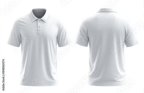 Blank White Men's Polo Shirt Mockup, featuring front and back views. Realistic 3D render of breathable sportswear or casual uniform textile isolated on white background.