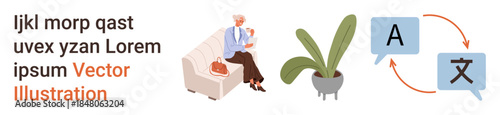 Aging lifestyle, language learning, translation, multilingual communication, education, senior living. Elderly woman sitting on a sofa, plant and language translation icons. Aging lifestyle