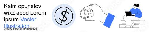 Time management, financial planning, business productivity, remote work, deadlines, digital lifestyle. A dollar symbol, stopwatch and a person with a laptop. Time management and financial planning