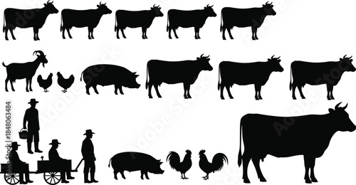 Farm animal silhouette collection featuring cows, pigs, chickens, goats, and farmers, illustrating traditional rural agriculture and countryside livestock scenes
