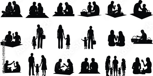 Family picnic silhouette collection showing parents, children, and couples bonding, eating, walking, and relaxing together outdoors in lifestyle scenes