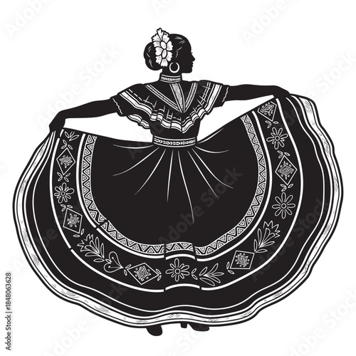 Traditional Folk Dancer in Elaborate Black and White Dress Performing a Graceful Spiral.