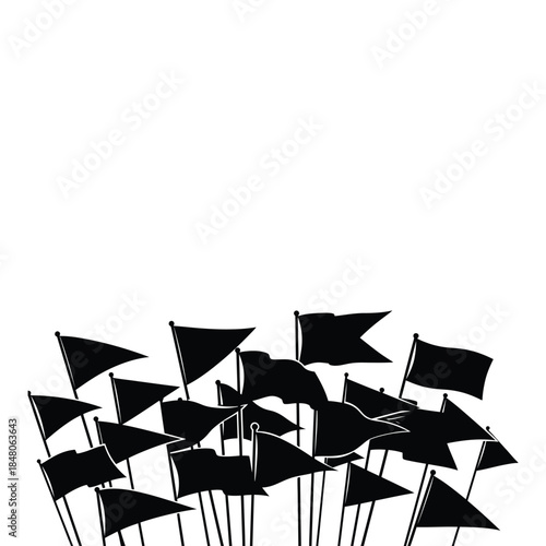 Numerous black flags waving against a white background