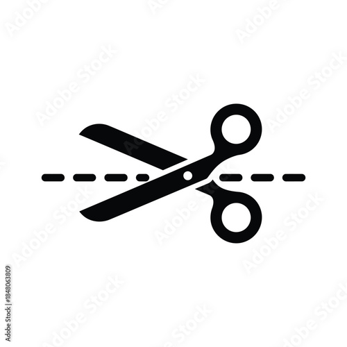 Black scissors cutting dashed line simple vector illustration
