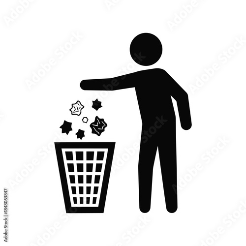 Stick figure disposing of trash into waste bin