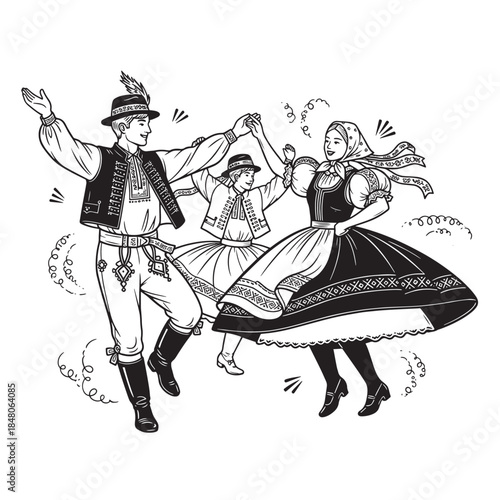 Traditional folk dancers in lively attire performing a courtyard dance.