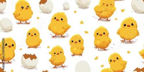 Cute Kawaii Yellow Chick Hatching from Egg Seamless Pattern for Nursery and Baby Decor.