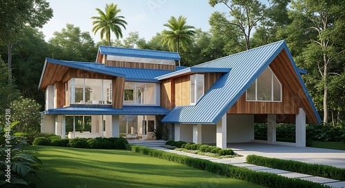 Fototapeta Naklejka Na Ścianę i Meble -  A luxury tropical beach house villa with palms, modern residential architecture and exterior design, fronted by a lush green lawn and clear blue sky