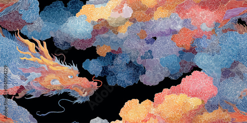 Majestic traditional Chinese dragon and swirling clouds in a seamless pattern for exotic textiles, Asian-inspired branding, luxury wallpapers, and mystical home decor