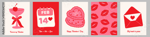 Valentine’s day romantic greeting card set with love cocktail, february 14 calendar, heart cake, kiss pattern, love letter. Vector illustration