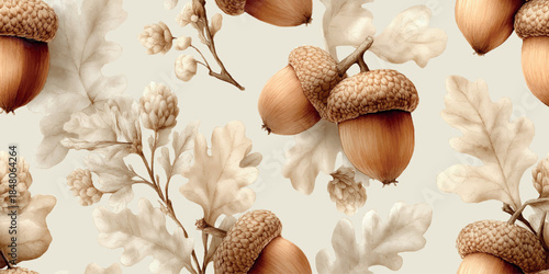 Vintage hand-drawn oak branch with acorns in a seamless pattern for rustic home decor, autumn-themed textiles, botanical branding, wrapping paper, and traditional stationery