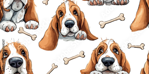 Adorable watercolor basset hound dog and bones in a seamless pattern for pet shop branding, nursery textiles, canine-themed home decor, stationery, and fabrics