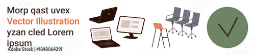 Technology, workplace design, office equipment, remote work, collaboration, modern business tools. Laptops, screens chairs and checkmark icons. Technology and workplace design concept