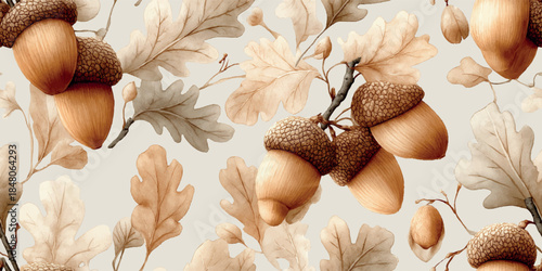 Vibrant watercolor autumn oak leaves and acorns in a seamless pattern for seasonal textiles, fall home decor, nature-inspired branding, wallpapers, and gift wrapping paper