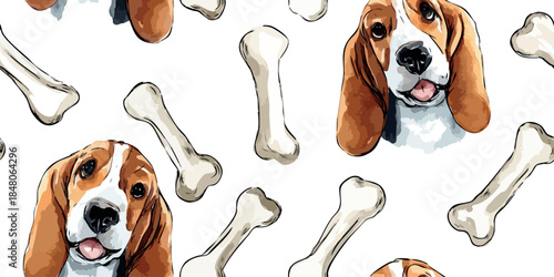 Adorable watercolor basset hound dog and bones in a seamless pattern for pet shop branding, nursery textiles, canine-themed home decor, stationery, and fabrics