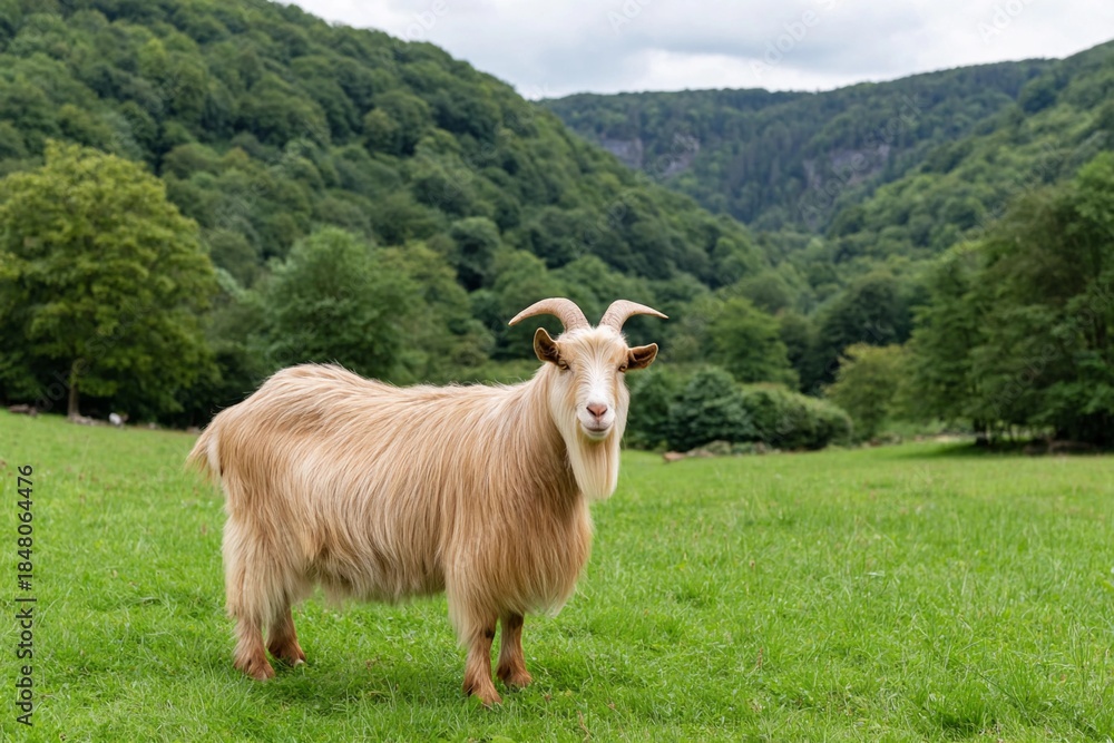 Fototapeta premium Goat standing in green field near forest in daytime