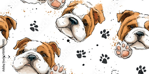 Cute English Bulldog puppy with paw prints seamless pattern for textiles, nursery decor