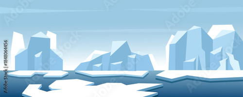 Minimalist Arctic Landscape with Icebergs and Frozen Waters. Glacial Ice Landscape. Glacier in the Arctic Wilderness