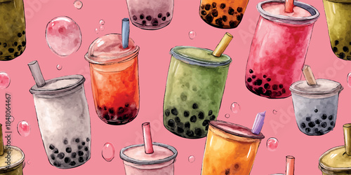 Vibrant watercolor bubble tea cups and boba pearls seamless pattern for food packaging, textiles, wallpapers, cafe decor, branding, wrapping paper, and summer stationery design